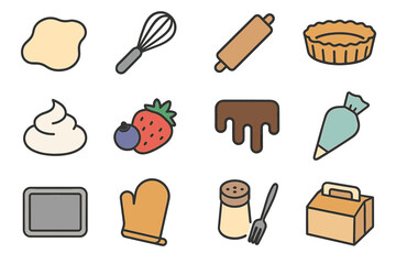 Colorful baking icon set featuring tools and ingredients