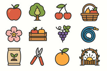 Colorful garden icons: fruits, tools, and nature elements in bold outline art