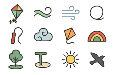 Colorful weather and nature icons featuring kites, wind, clouds, and rainbow