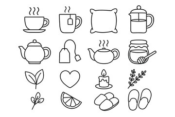 Tea and relaxation icons: cups, teapots, pillows, honey, and aromatherapy symbols