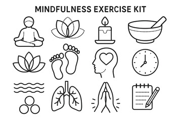 Mindfulness exercise kit with yoga, meditation, and wellness icons in line art style