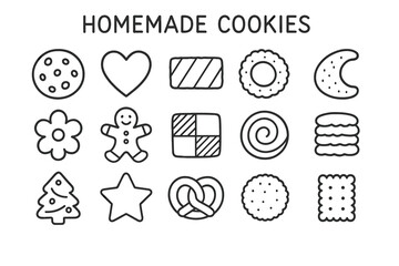 Assorted homemade cookie outlines: heart, star, pretzel, and more