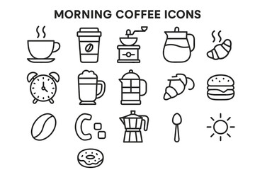 Morning coffee icons: cups, grinder, french press, croissant, alarm, moka pot