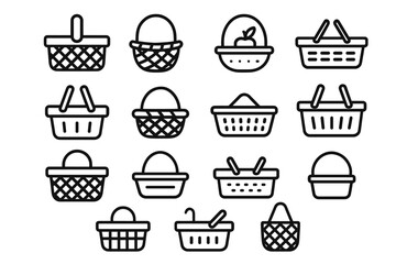 Collection of simple hand-drawn basket icons with apples and handles