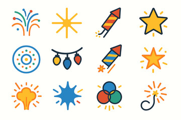 Colorful firework and holiday icon set with stars, explosions, and lights