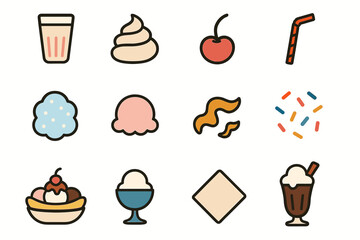 Colorful ice cream and dessert icons with whipped cream and cherry