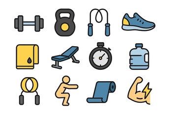 Fitness icons: dumbbell, kettlebell, jump rope, shoes, towel, bench, timer, water bottle, rings, squat, mat, muscle