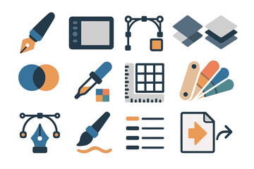 Graphic design tools and icons set featuring pen tablet and color palette designs