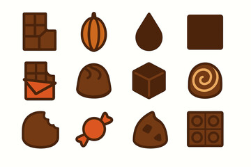 Assorted chocolate icons: bars, drops, swirls, and more in flat design
