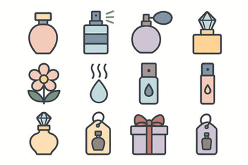 Assorted perfume icons: bottles, sprays, flower, and gift tags in soft pastel colors