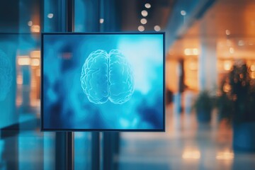 Obraz premium A glowing blue digital human brain model is displayed on a screen in a modern, blurred environment, symbolizing AI or neuroscience.