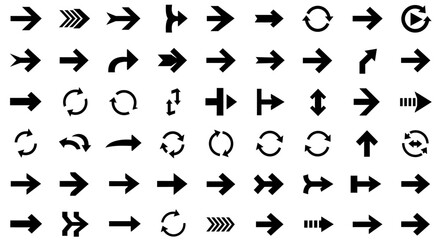 A collection of black arrow symbols in various styles and directions on a white background. Includes straight, curved, circular, and double arrows designed in a clean minimalistic vector style, suitab
