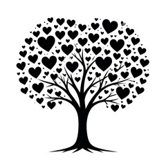 Silhouette of a tree with a round crown of black hearts