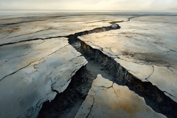 Deep fissures scar a vast, desolate, cracked earth landscape under a pale sky, conveying environmental stress, drought, or geological movement.