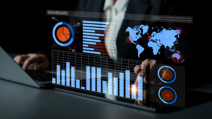 A business professional engages with a high-tech dashboard, showcasing dynamic graphs and a world map, illustrating vital data analysis in a corporate setting. Impute