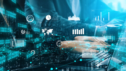 This image showcases a professional workspace with a focus on data analysis, featuring hands typing on a laptop amidst digital charts and graphs illustrating insights. Xenic