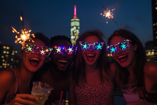 Group of young friends celebrating with sparklers and neon glasses at night - Powered by Adobe