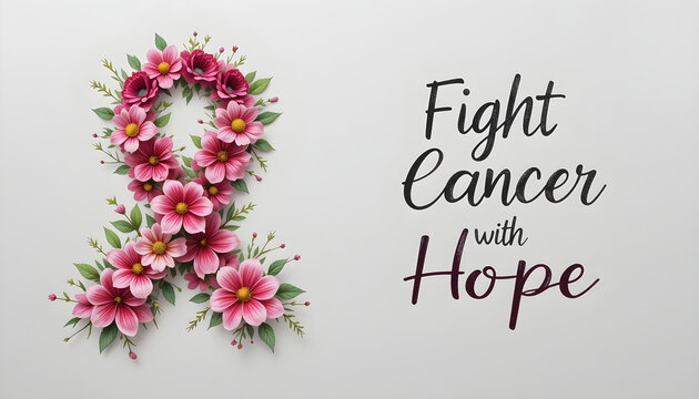 Fight Cancer with Hope Banner – Floral Breast Cancer Awareness Concept with Pink Ribbon and Inspirational Typography