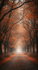 Autumnal alleyway, path lined with trees, orange leaves, fog, misty atmosphere, serene landscape, evocative of peace, tranquility, and autumn season