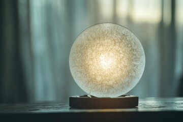 A circular light sculpture illuminates a mysterious web-like texture, casting a warm, inviting glow on a dark base against a softly blurred background.