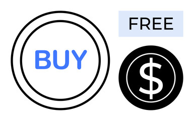 Obraz premium Buy button in blue circle, black dollar icon, and free label representing commerce, pricing choices, marketing. Ideal for shopping, e-commerce, pricing, financial planning business marketing