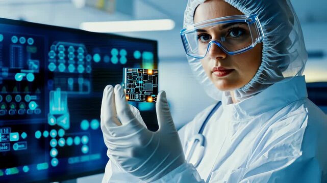 Scientist analyzing microchip in advanced laboratory with hightech data displays