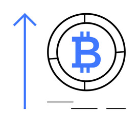 Bitcoin logo inside a circular element with a bold upward arrow signifying cryptocurrency growth, financial progress, and investment trends. Ideal for blockchain, fintech, trading, growth, digital