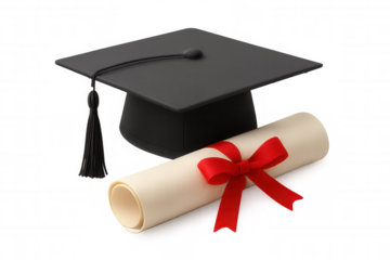 Graduation cap and diploma scroll with red ribbon symbolizing academic achievement and future success