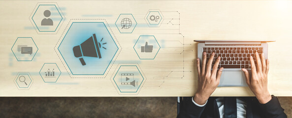 Digital marketing promotion strategy using megaphone, social media marketing, digital ads video...