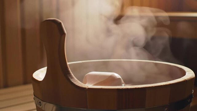Steam Rising from Wooden Sauna Bucket: Relaxation and Wellness