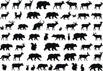 Silhouette animal collection with mammals, woodland creatures, wildlife taxonomy, zoological illustration, environmental design, biodiversity reference, nature art catalog