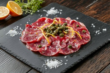 Fototapeta premium Gourmet beef carpaccio with capers and lemon on slate platter