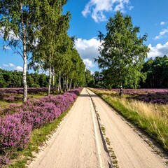 Obraz premium Scenic dirt road through blooming lavender fields, lined with trees