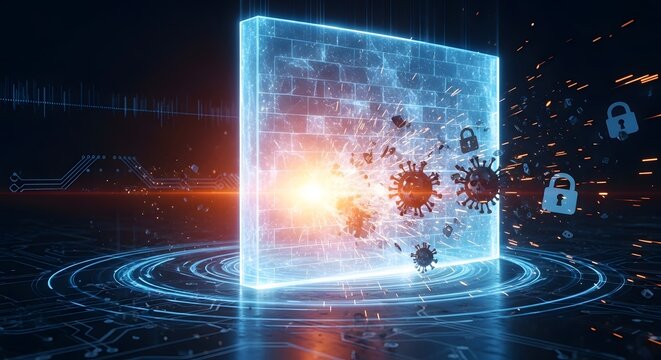 Digital firewall protecting against virus and lock icons, cyber security concept