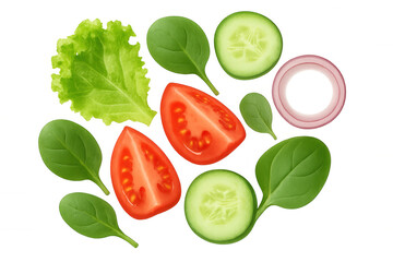 Fresh salad ingredients on transparent background. Fresh vegetables including tomato, cucumber, spinach, lettuce, red onion