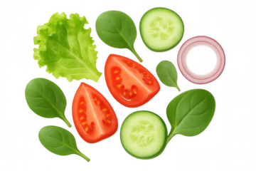 Fresh salad ingredients on transparent background. Fresh vegetables including tomato, cucumber, spinach, lettuce, red onion