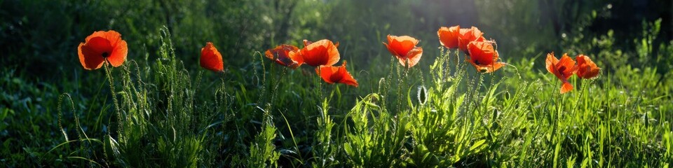 Fototapeta premium Red poppies in a field of green grass with sunlight springtime floral scene