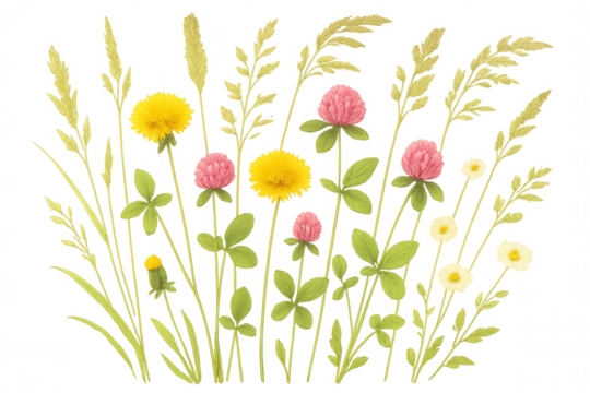 Wildflower meadow illustration featuring dandelions, clover, daisies, and various grasses on transparent background