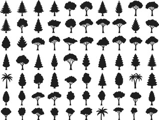 Silhouette tree collection with conifer, deciduous, palm, stylized variations, outdoor landscape, botanical illustration, environmental design, nature art