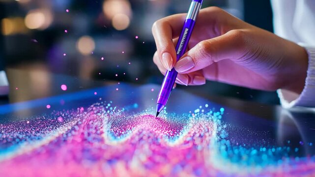 Vibrant hand creating dynamic digital art with stylus on tablet