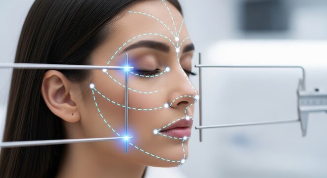 Woman's face undergoes cosmetic surgery planning. Surgeon's caliper measures facial proportions with glowing digital grid overlay. Concept of aesthetic medicine, plastic surgery, perfect proportions
