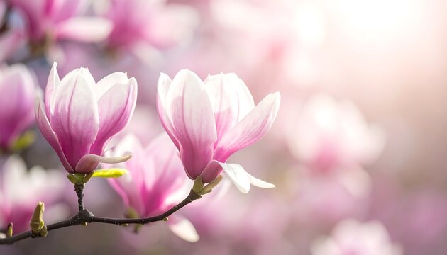 Pink magnolia blossoms in sunlight