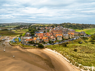 Alnmouth and River Aln Estuary from drone, Alnwick, Northumberland, England