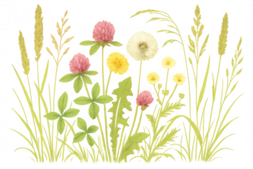 Assortment of wildflowers, leaves, and grasses forming a natural border or element, including dandelions and clover. Transparent background