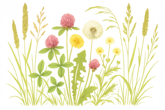 Assortment of wildflowers, leaves, and grasses forming a natural border or element, including dandelions and clover. Transparent background