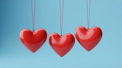 Three vibrant red hearts suspended against a soft, solid blue background, creating a playful and romantic visual