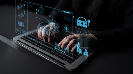 Technical layout of electric vehicle showing battery system, power control, traction motor, charging interface, and integration with renewable and smart energy sources Latch