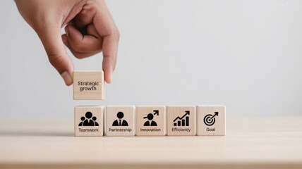Strategic Growth: Conceptual hand placing a block with the words 'Strategic Growth'