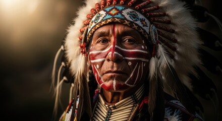 Fototapeta premium Native elder with elaborate feathered headdress and bold ceremonial face paint looking forward with dignity, symbolizing ancient wisdom and rich tribal heritage.