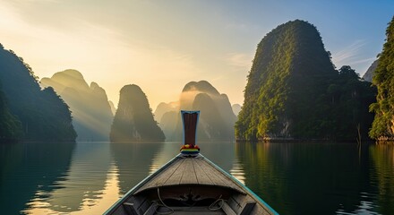 Serene Boat Journey Through Majestic Limestone Islands at Sunrise